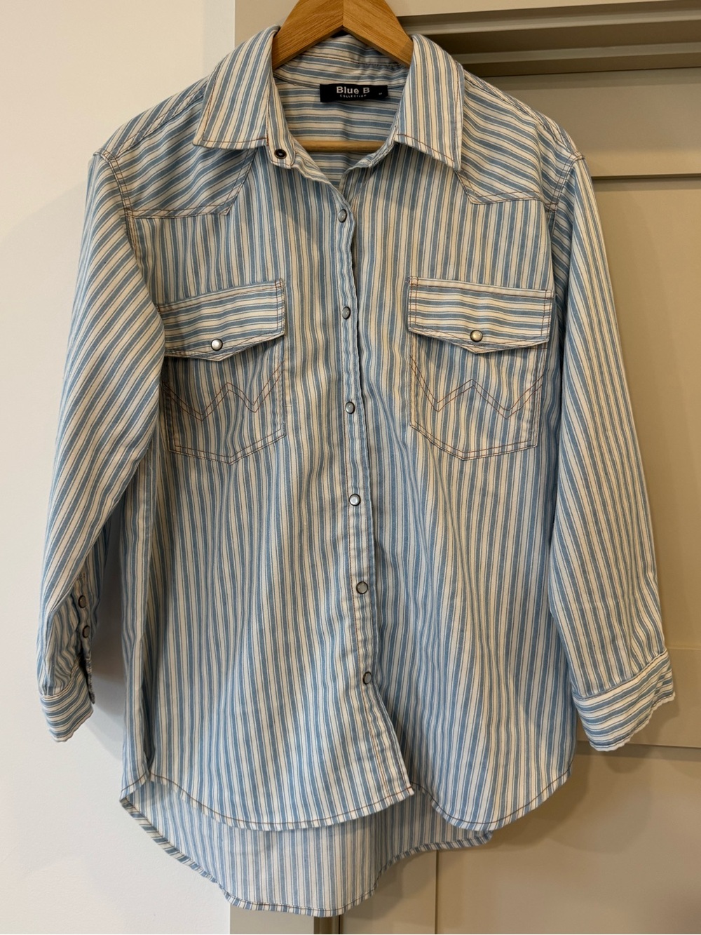 Light Blue & White Striped pearl snap western Shirt